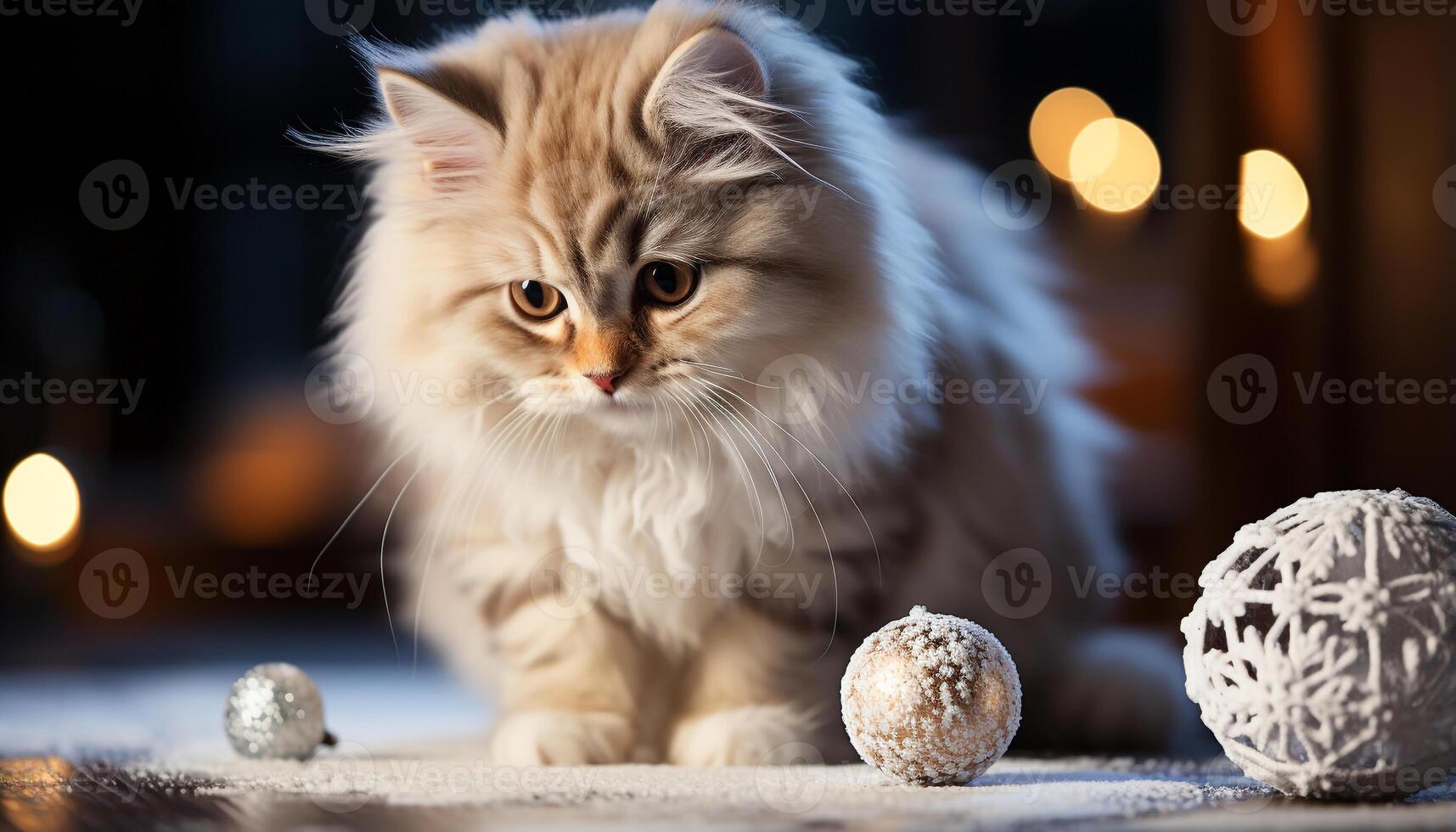 AI generated Cute kitten playing with blue toy ball on table generated by AI photo