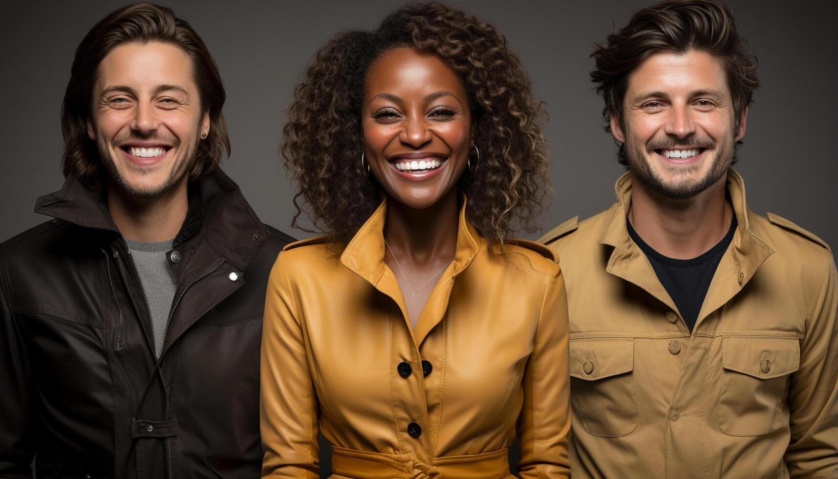 ai generado un alegre grupo de adultos sonriente, mirando a cámara juntos generado por ai foto