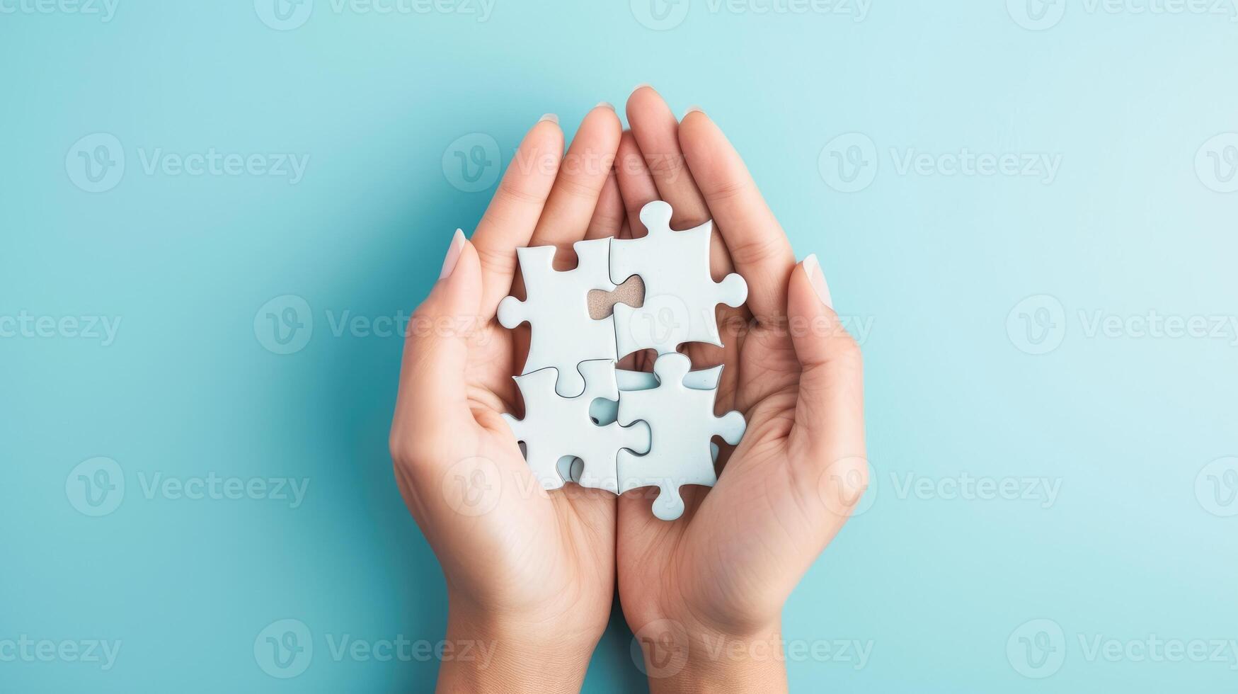 AI generated hands assemble jigsaw puzzle on pastel blue background, Ai Generated. photo