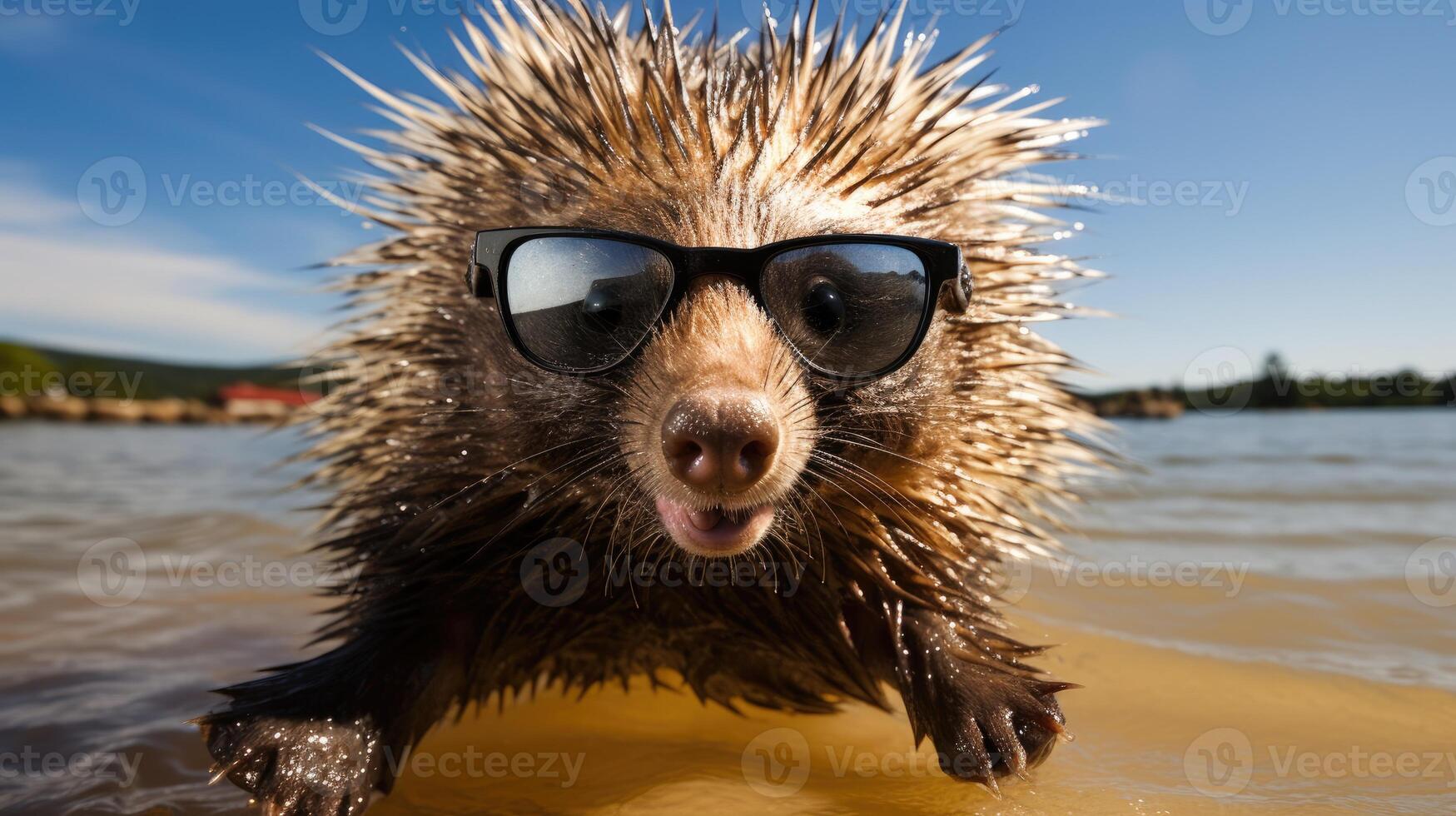 ai generado peculiar puerco espín se contonea sobre el playa, haciendo alarde de moda Gafas de sol, un inesperado playa compañero, ai generado. foto