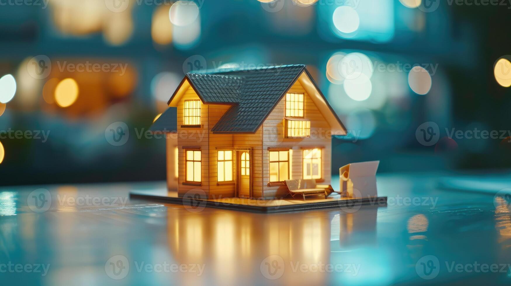 AI generated Miniature house holographically rendered on table, showcasing real estate options. Ai Generated photo