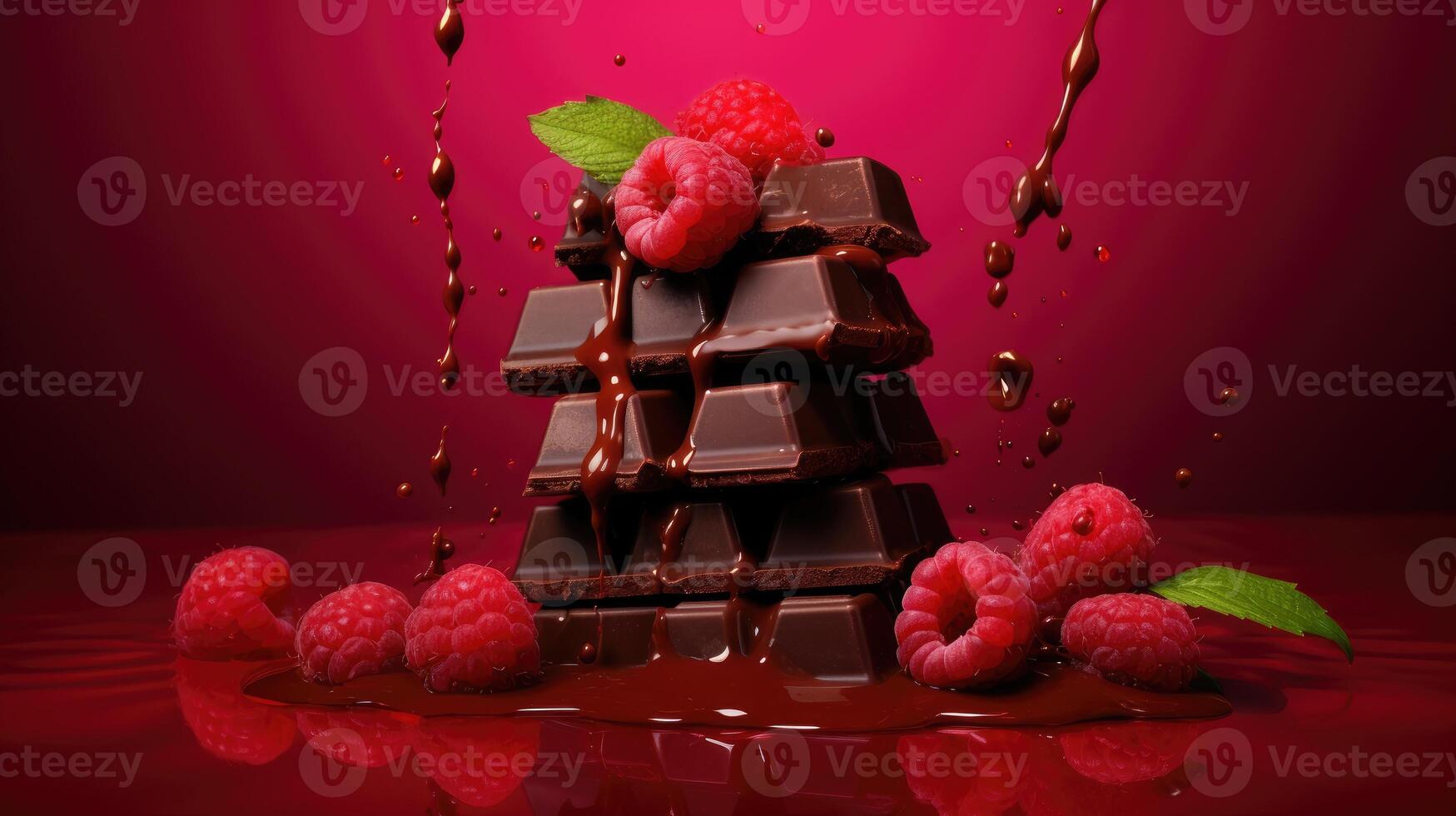 AI generated Dynamic stack of chocolate bars, raspberries, and syrup splash on a vibrant red backdrop. Ai Generated photo