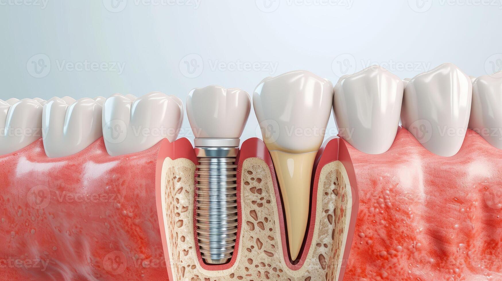 AI generated Explore the intricacies of dental implantology with a cross-section of the jaw showcasing an embedded implant in the gum. Ai Generated photo