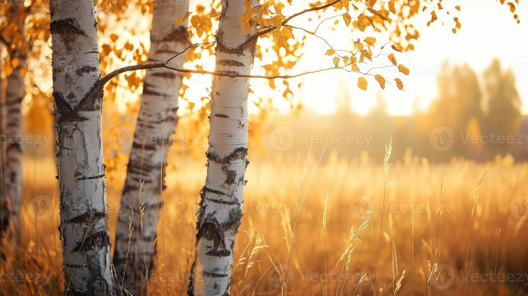 AI generated Birch trunks stand tall in a field, a bokeh background adds a dreamy allure, Ai Generated. photo