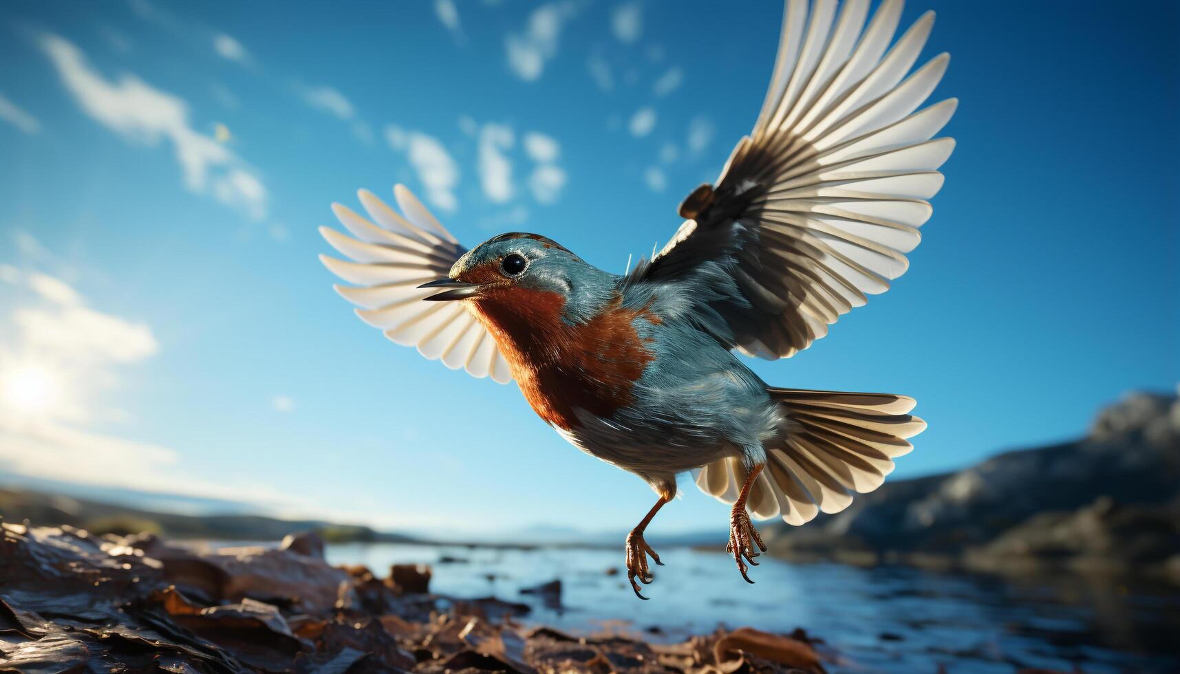 AI generated Seagull flying freely, wings spread, in tranquil summer sunset generated by AI photo