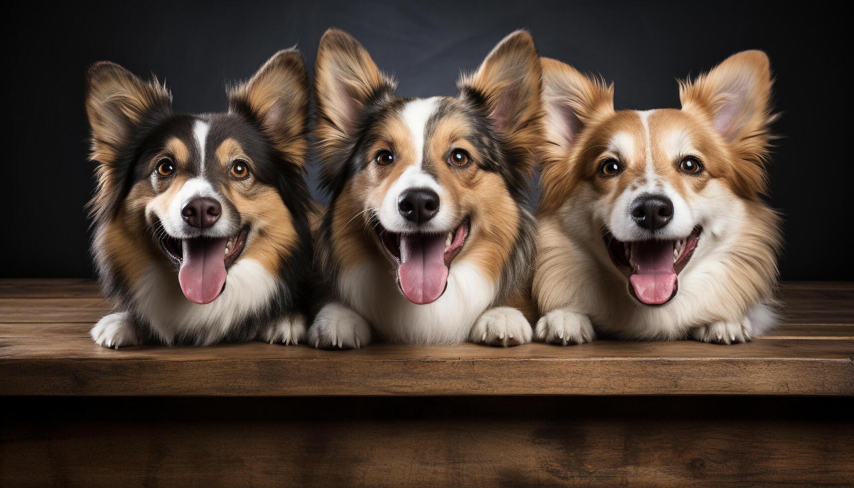 AI generated Cute purebred dogs sitting together, looking at camera, smiling generated by AI photo