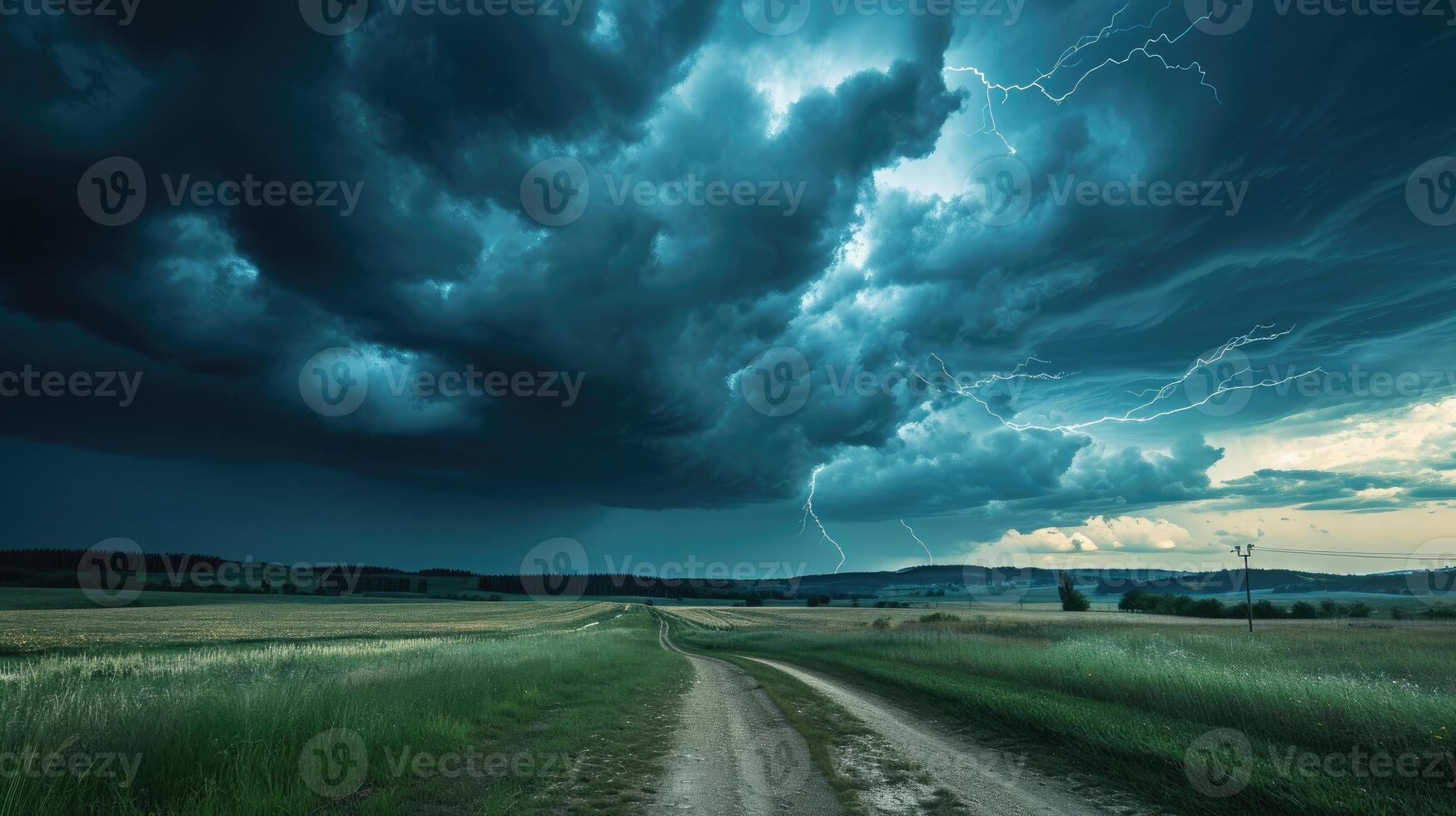 AI generated Rainy clouds and lightning create a captivating scene over a beautiful rural area before the storm. Ai Generated. photo