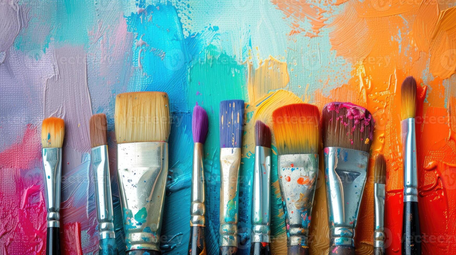 AI generated Row of vibrant paint brushes arranged on an abstract background, reflecting artistic creativity and inspiration, Ai Generated. photo