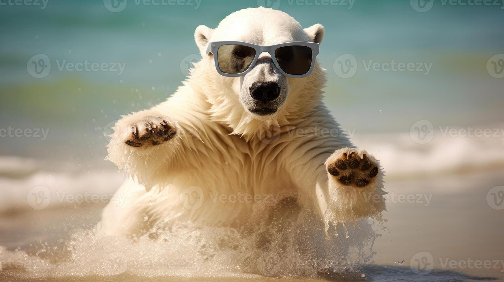 ai generado aventurero polar oso saltos sobre el playa, exhibiendo frio Gafas de sol, ártico vibraciones reunirse costero elegante, ai generado. foto
