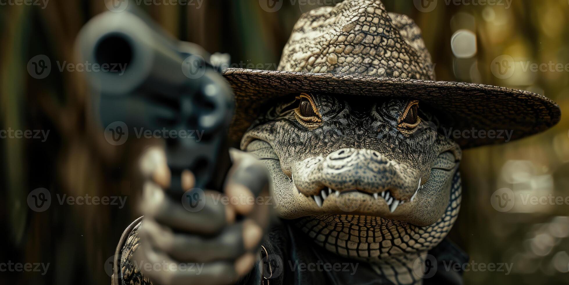 AI generated An alligator wearing a hat, wielding a gun with a fierce and daring stance, Ai Generated. photo
