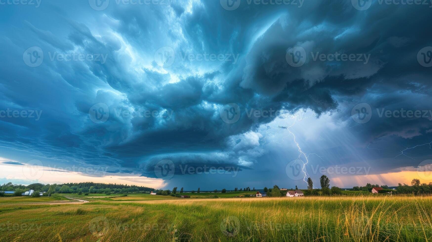 AI generated Rainy clouds and lightning create a captivating scene over a beautiful rural area before the storm. Ai Generated. photo