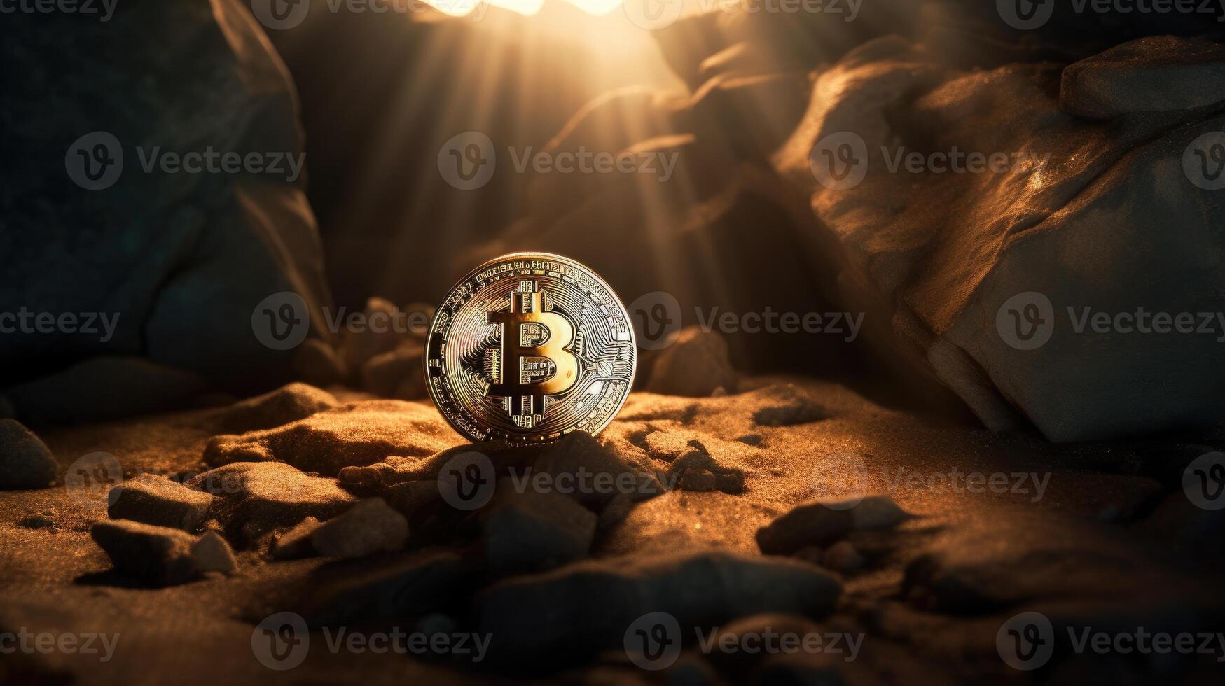 AI generated Illuminated by golden light, a single Bitcoin stands on a rocky surface, symbolic of wealth, Ai Generated. photo