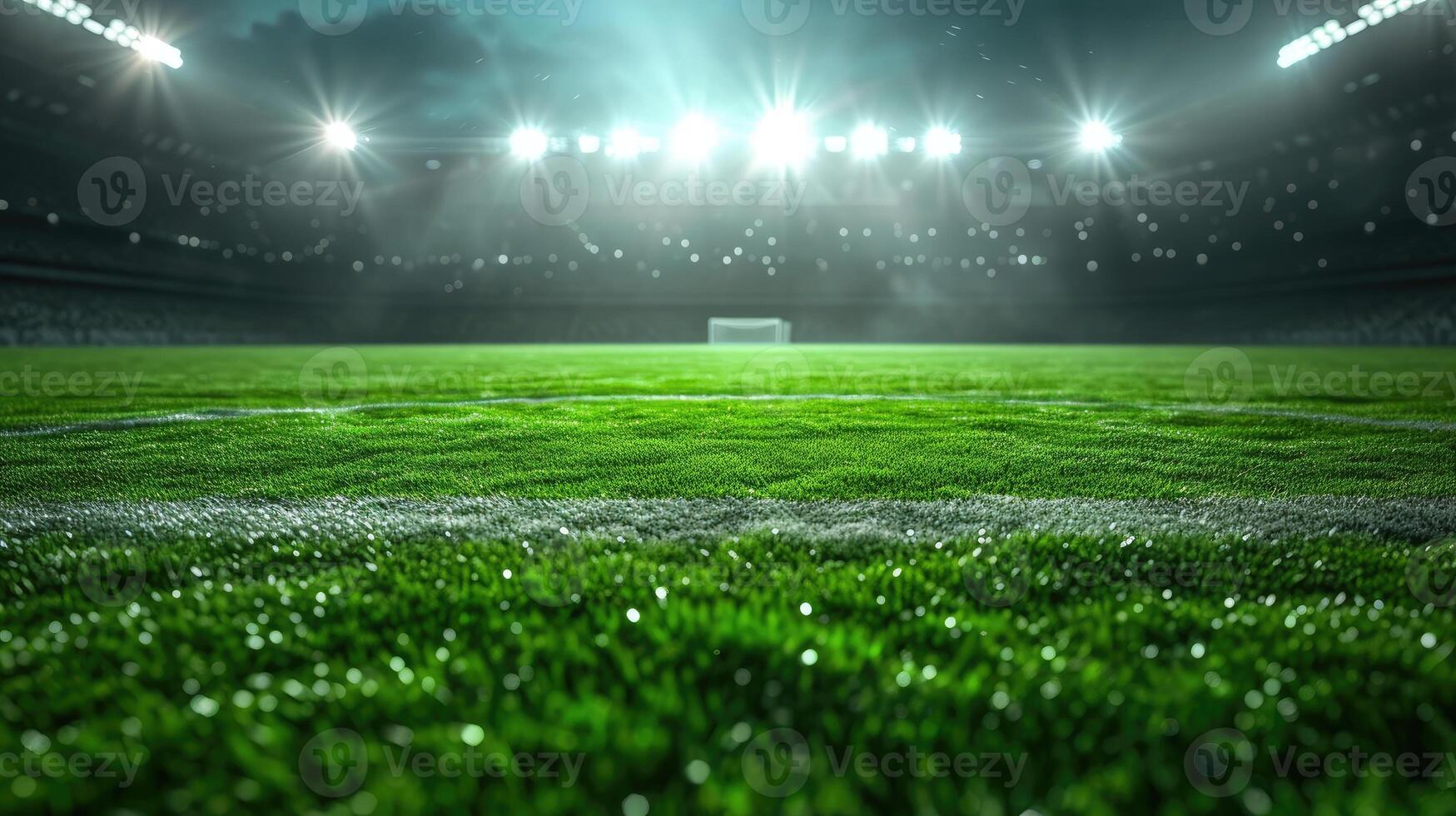 ai generado vibrante verde fútbol campo iluminado por brillante focos, ajuste el etapa para emocionante partidos debajo el noche cielo. ai generado. foto