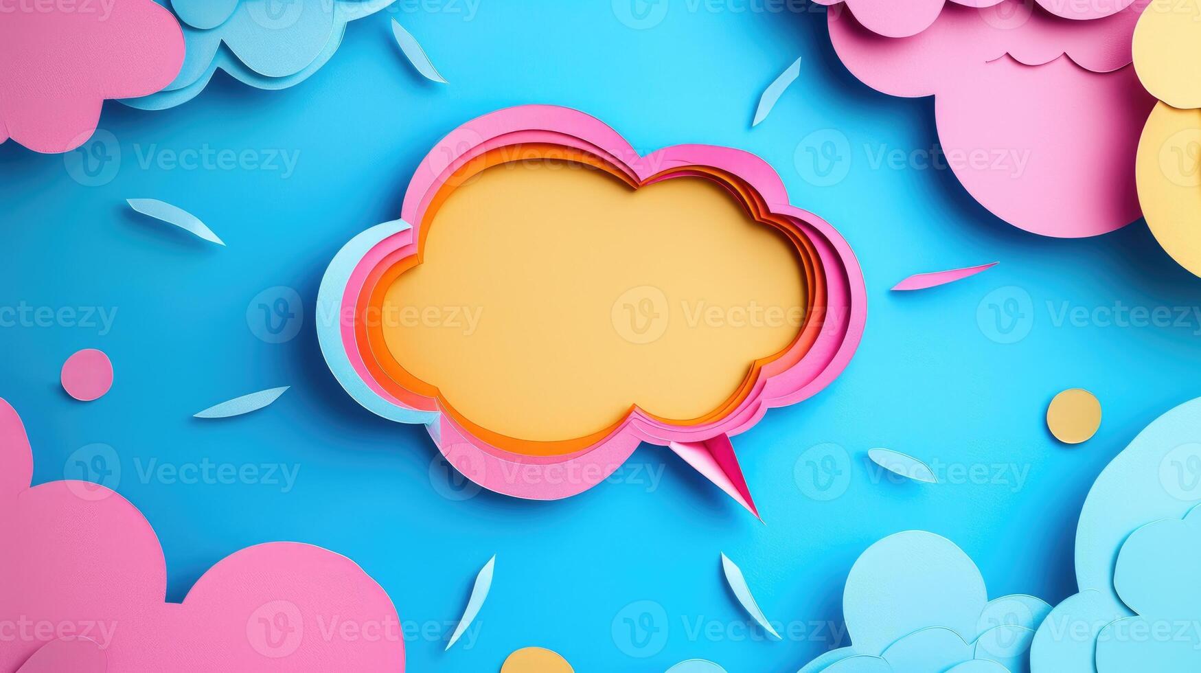 AI generated Playful speech bubble accents a vibrant handmade paper cut background. Crafty, Ai Generated. photo