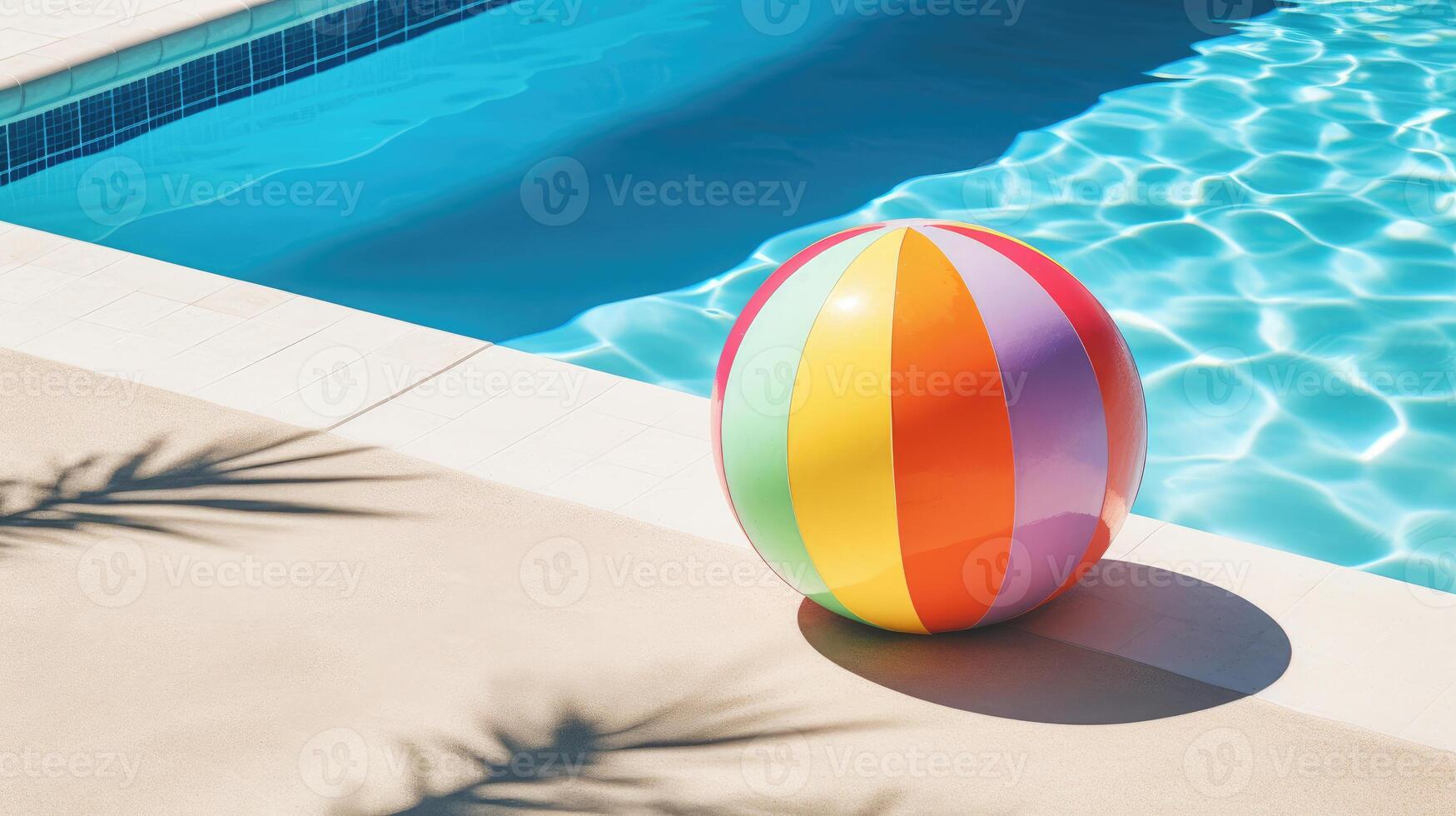 AI generated Multicolored beach ball rests by the pool's edge, adding a vibrant touch. Ai Generated. photo