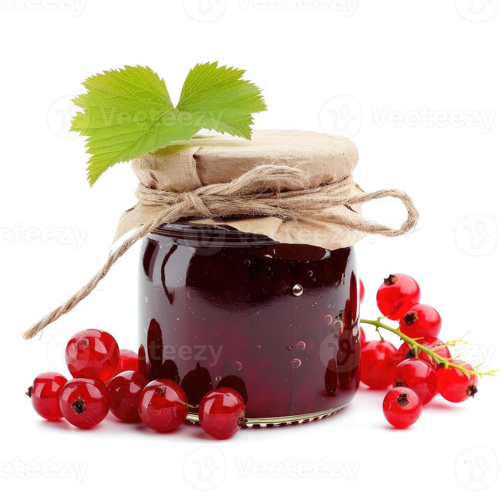 AI generated A jar of homemade redcurrant jam with fresh redcurrants, isolated on a white background. Ai Generated photo
