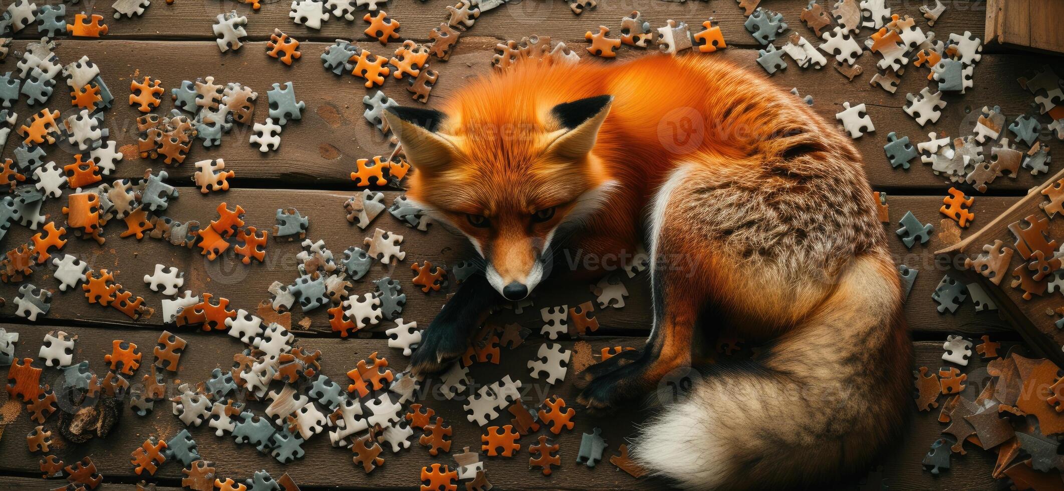 AI generated Cute fox engrossed in a jigsaw puzzle, adding a whimsical touch, Ai Generated. photo