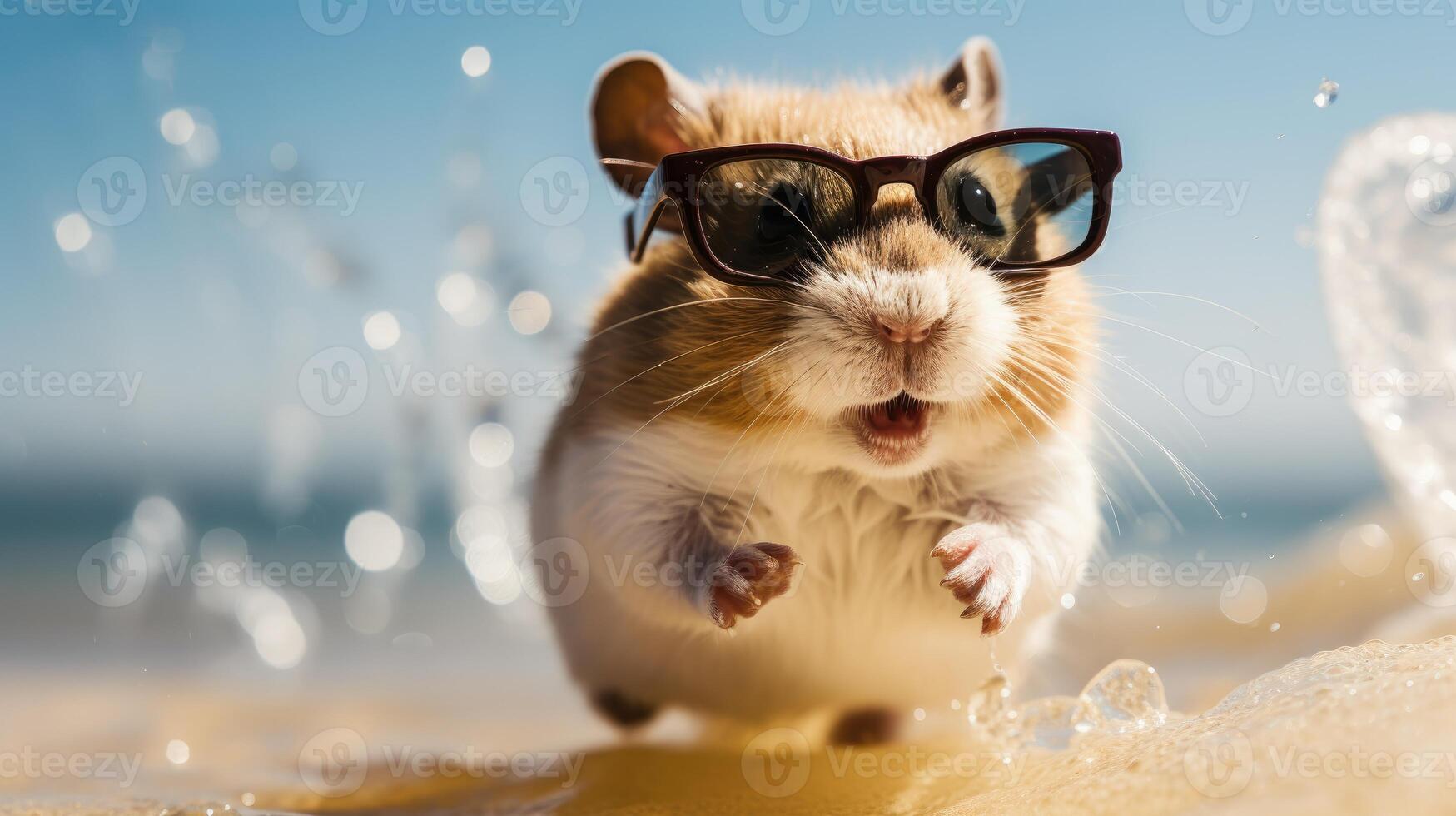 AI generated Experience the intensity of an hamster leaping onto the beach in a stunning close-up photo, Ai Generated. photo