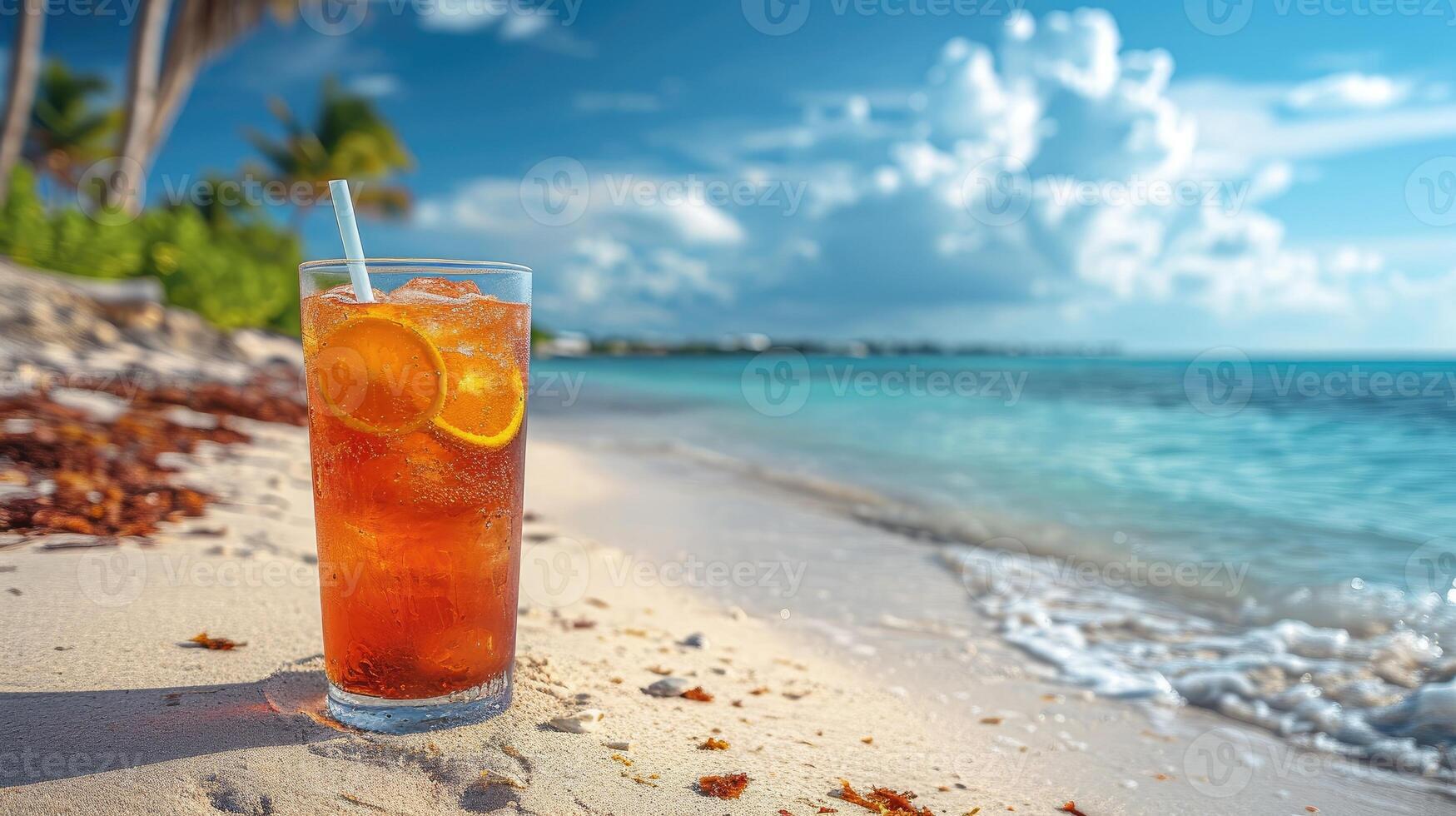 AI generated Cool summer cocktail on a sandy beach, sea view. Space for text, Ai Generated. photo