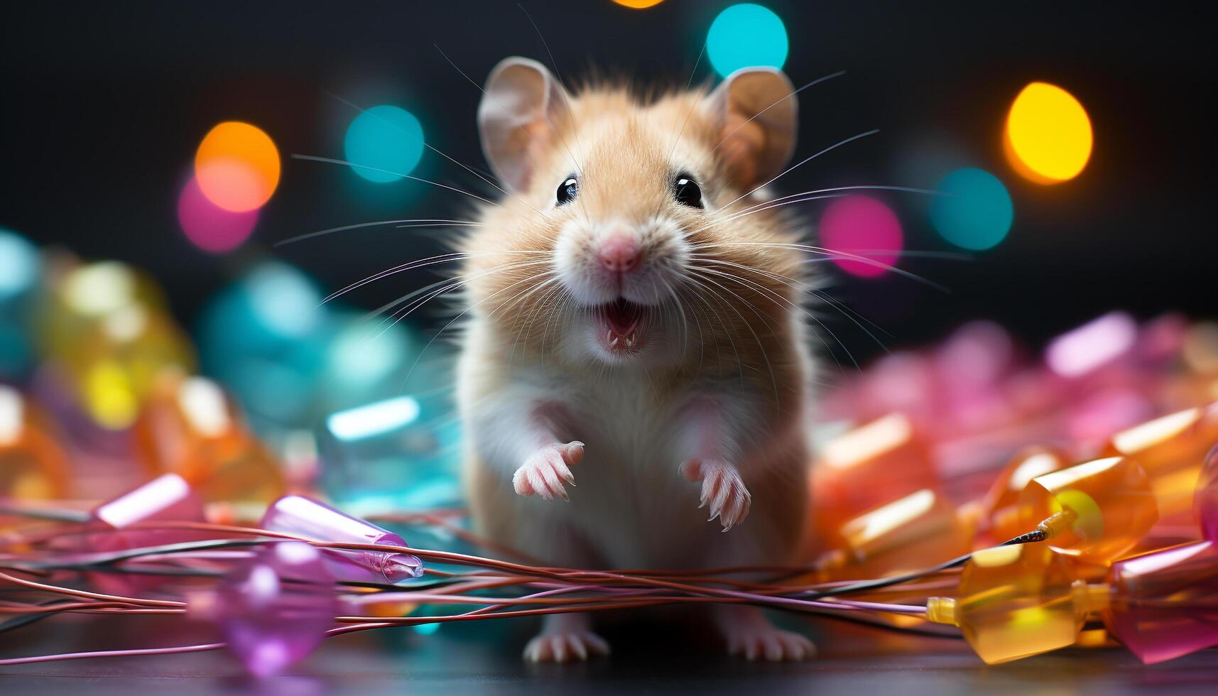 AI generated Cute small mammal celebrates with colorful decorations and Christmas lights generated by AI photo