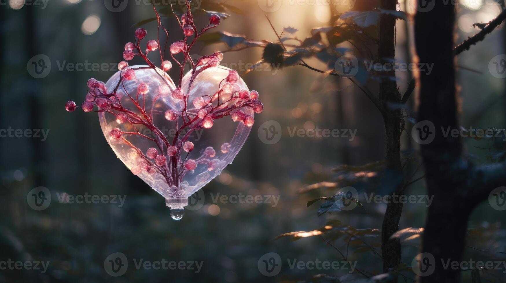 AI generated A transparent heart filled with delicate pink berries stands out amidst the forest greenery. Ai Generated photo