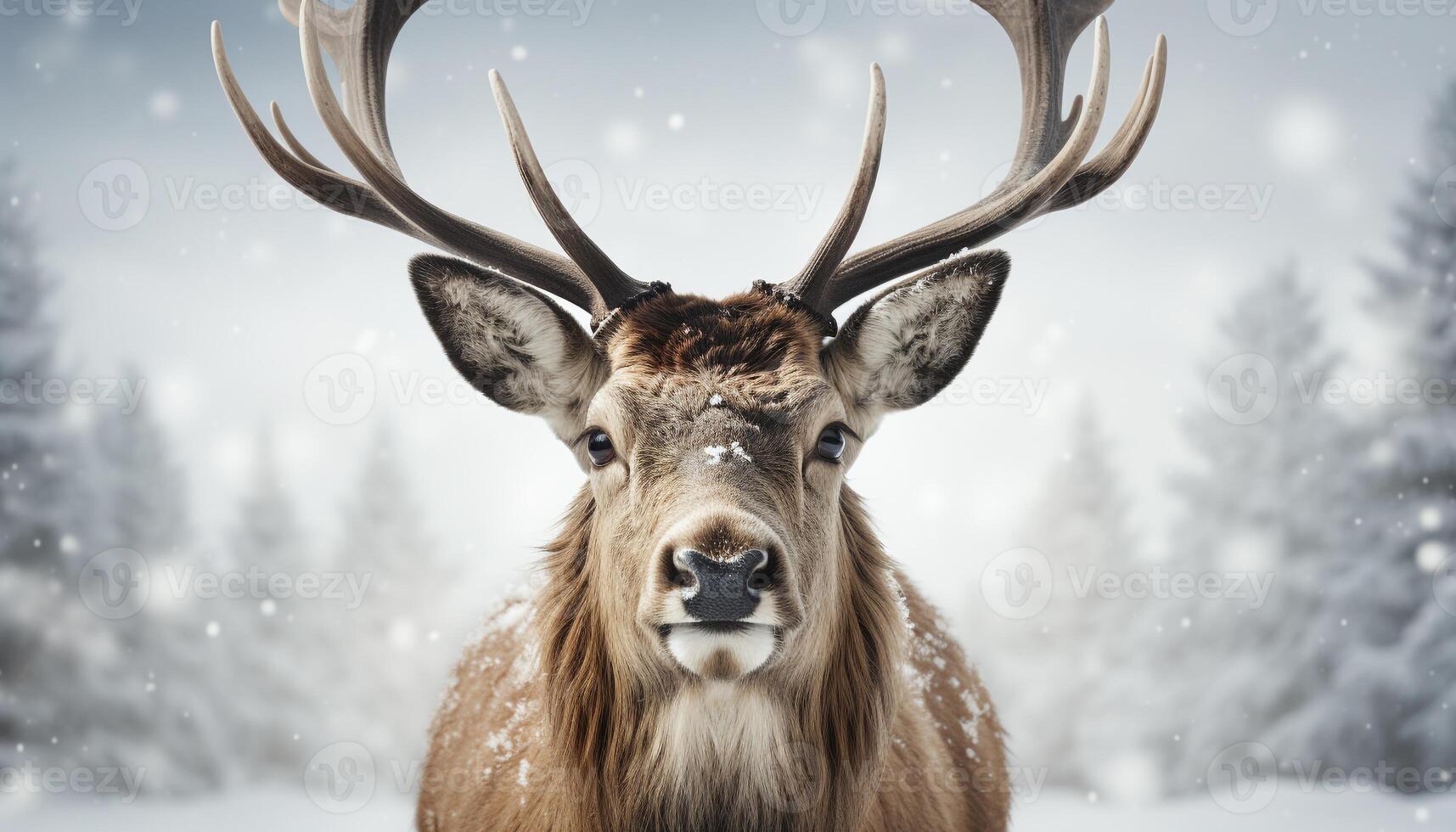 AI generated Winter landscape snow covered forest, deer in the foreground, tranquil and cold generated by AI photo