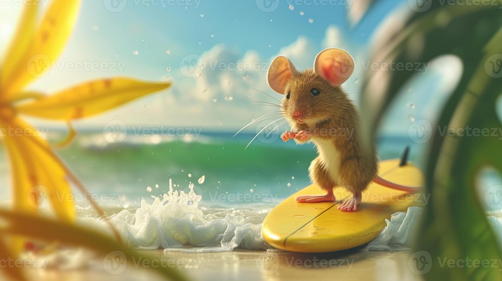 AI generated A cute mouse surfer enjoys a fun-filled summer day at the beach, riding waves with enthusiasm, Ai Generated. photo