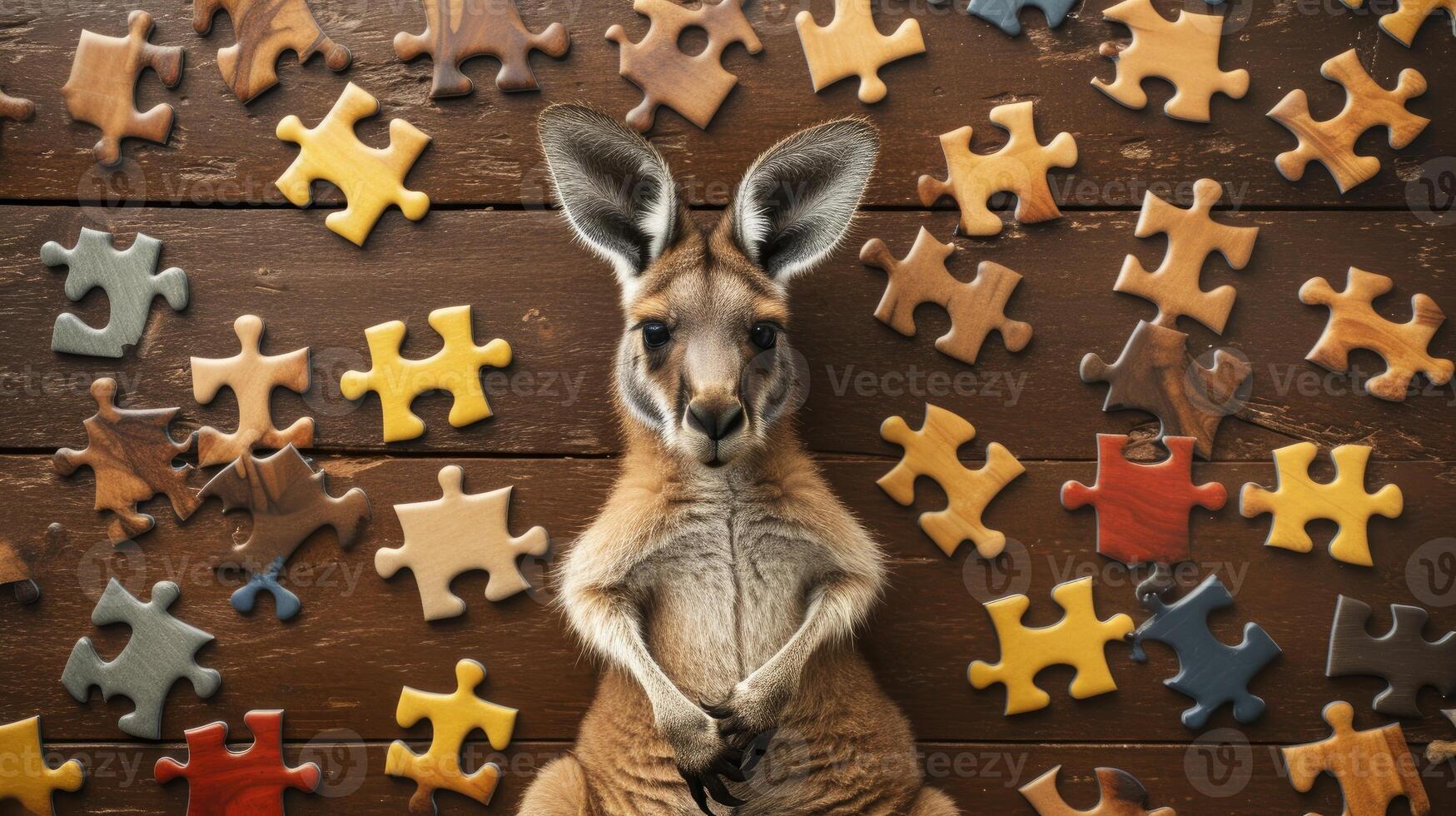 AI generated Cute kangaroo engrossed in a jigsaw puzzle, adding a whimsical touch, Ai Generated. photo