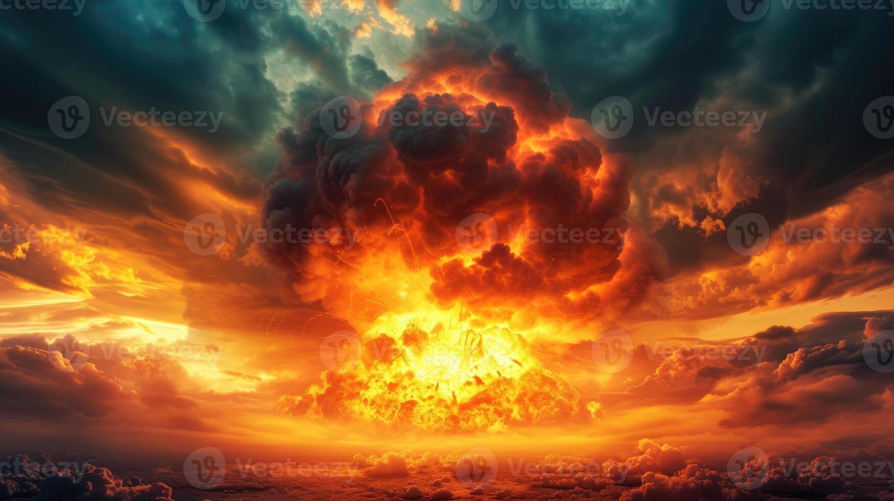AI generated Cataclysmic nuclear explosion transforms day or night into an ominous spectacle, Ai Generated. photo