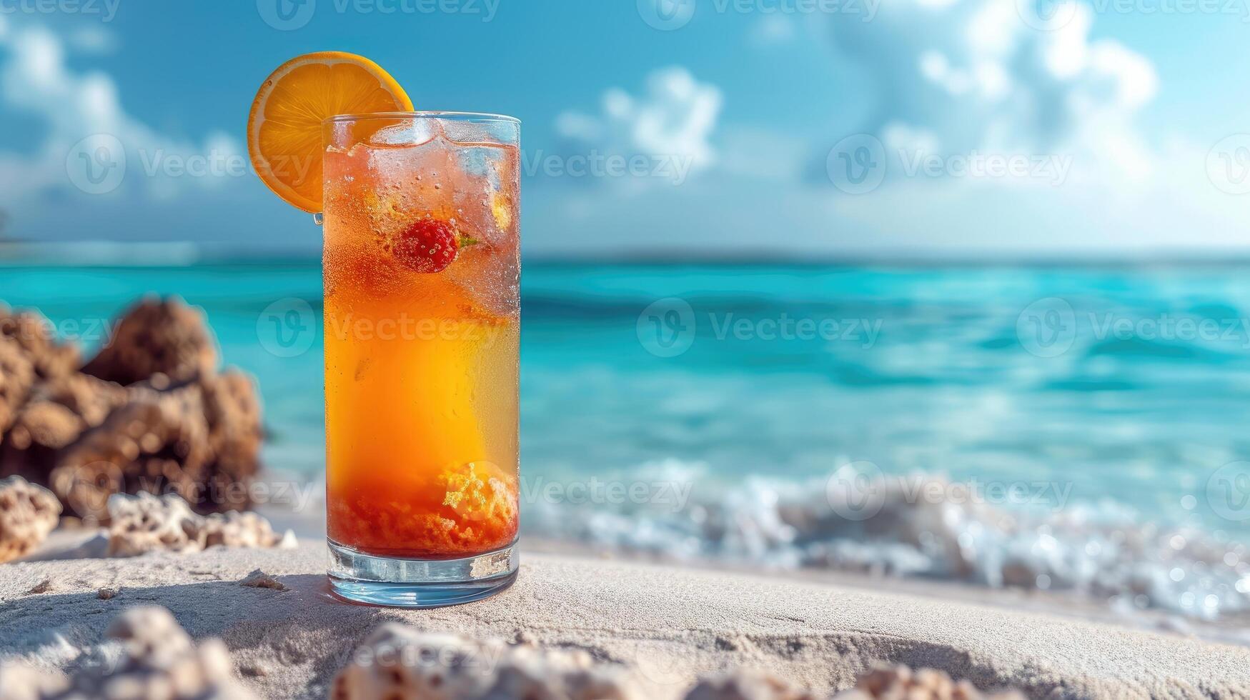 AI generated Cool summer cocktail on a sandy beach, sea view. Space for text, Ai Generated. photo
