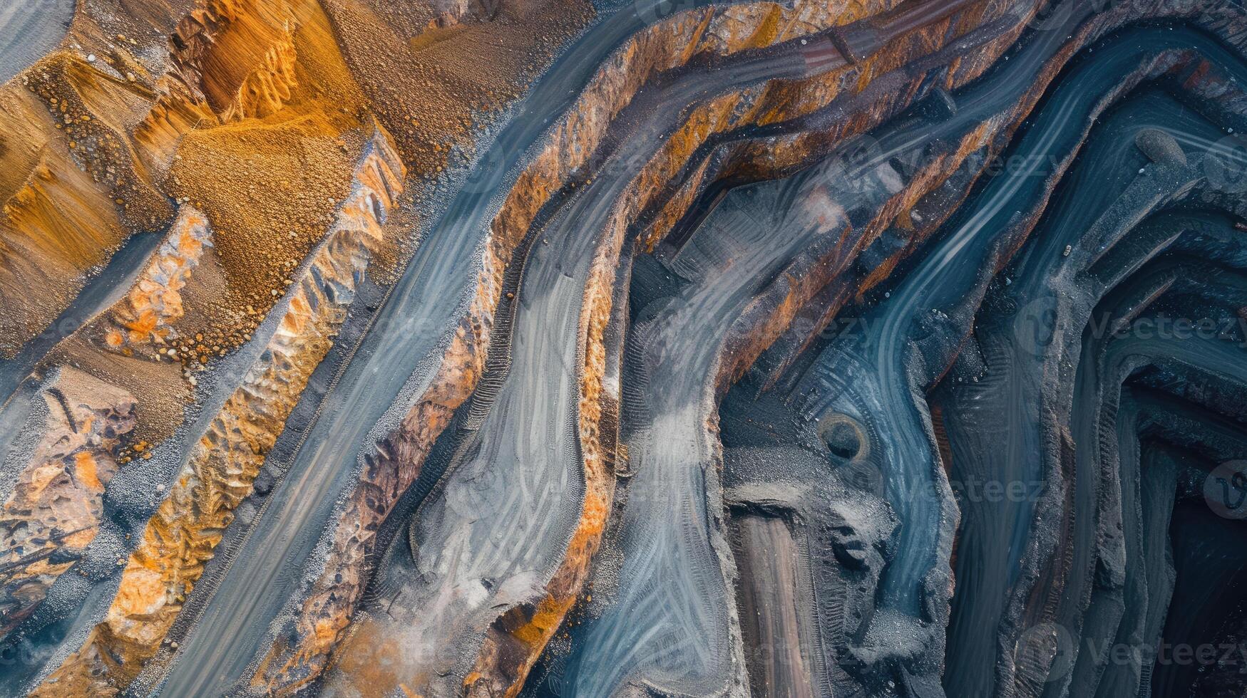 AI generated Drone's eye view captures industrial terraces on a mineral mine in opencast mining, Ai Generated. photo