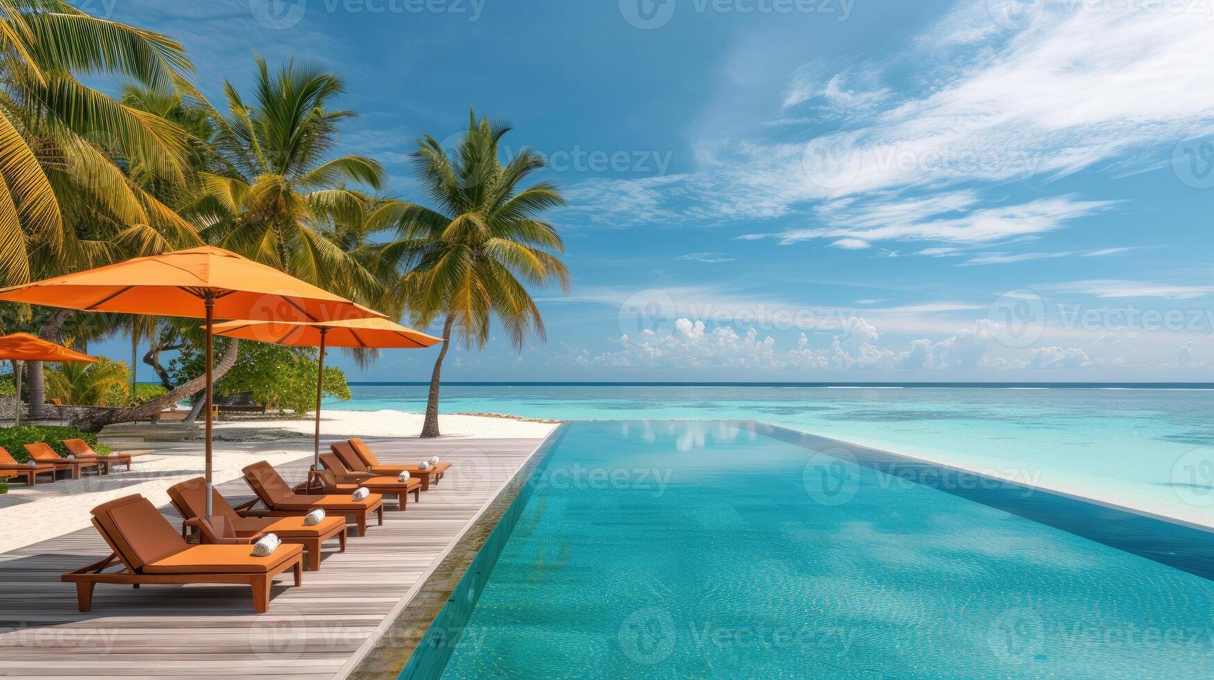 AI generated A luxurious resort pool, adorned with beach chairs, epitomizing seaside opulence. Ai Generated. photo