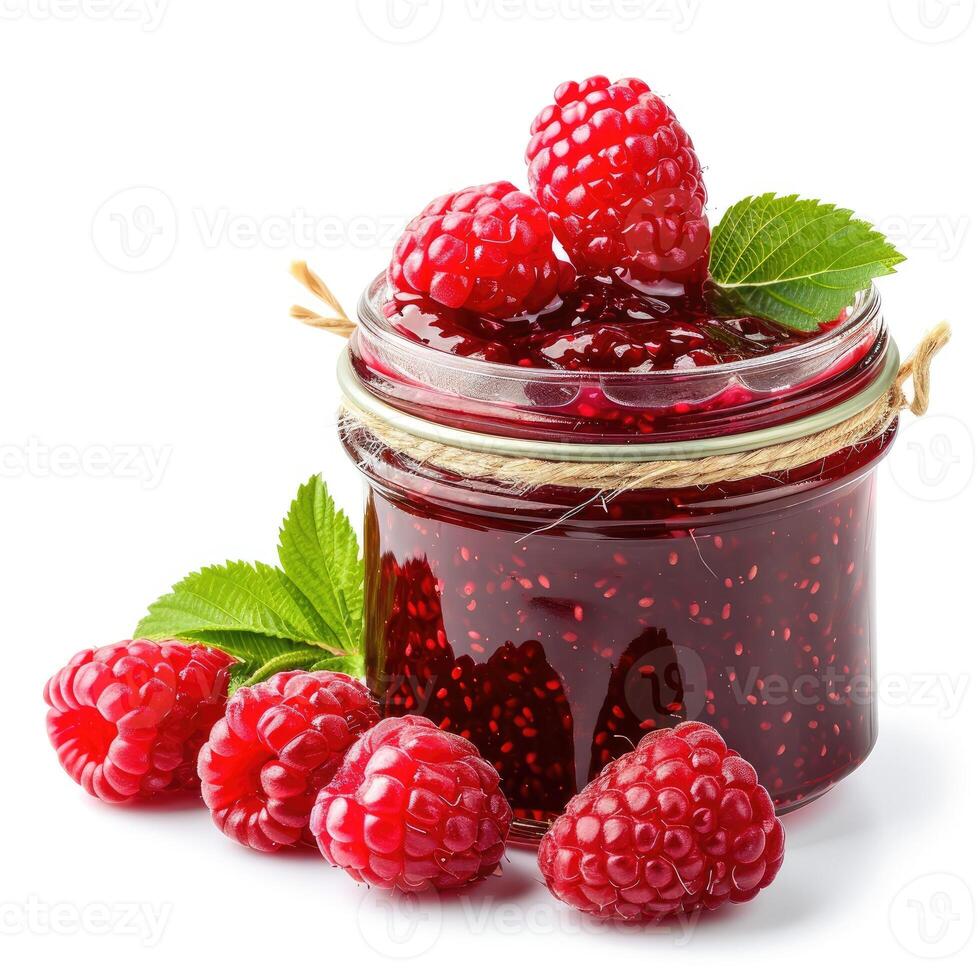 AI generated A jar of homemade raspberry jam with fresh raspberries, isolated on a white background. Ai Generated. photo