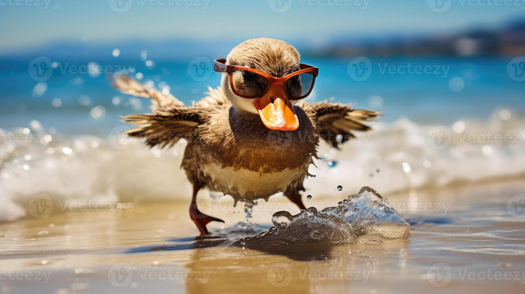 AI generated Experience the intensity of an duck leaping onto the beach in a stunning close-up photo, Ai Generated. photo