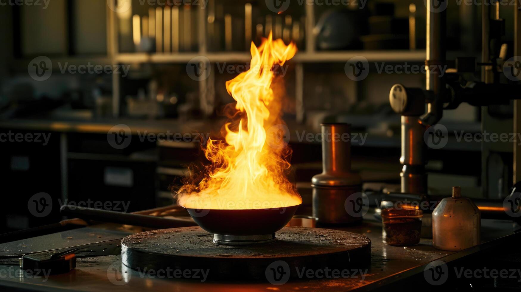 AI generated Bunsen burner and crucible set up for scientific experimentation in the lab. Ai Generated photo