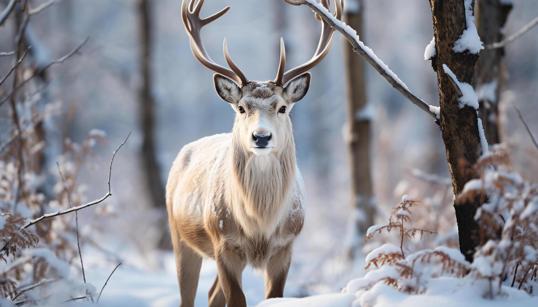 AI generated Cute deer stands in snowy forest, a winter wonderland generated by AI photo