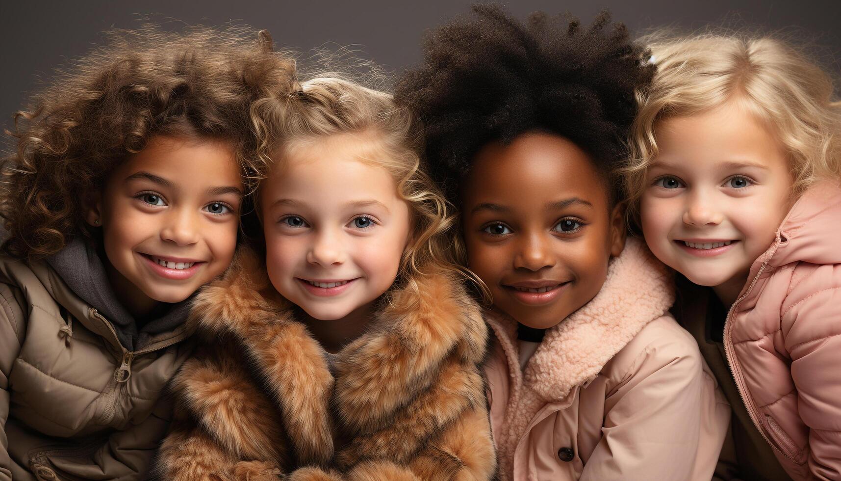 AI generated Smiling children, cute and cheerful, embrace nature playful enjoyment generated by AI photo