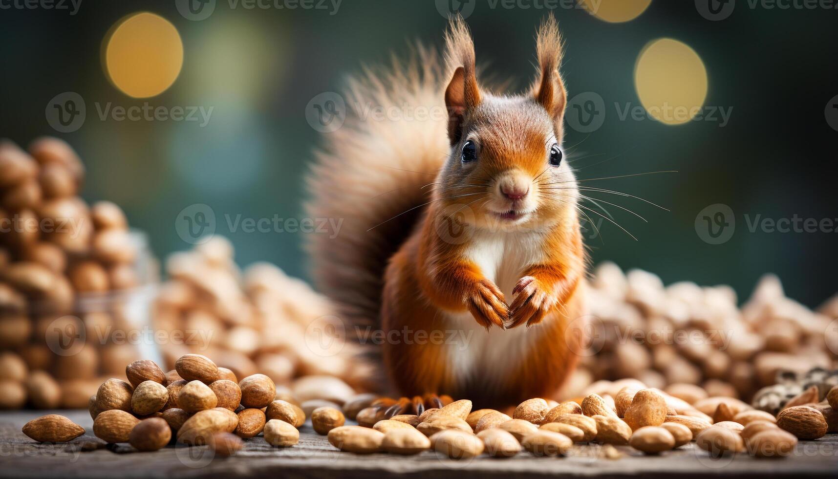 AI generated Cute rodent eating hazelnut, fluffy tail, curious animal in nature generated by AI photo