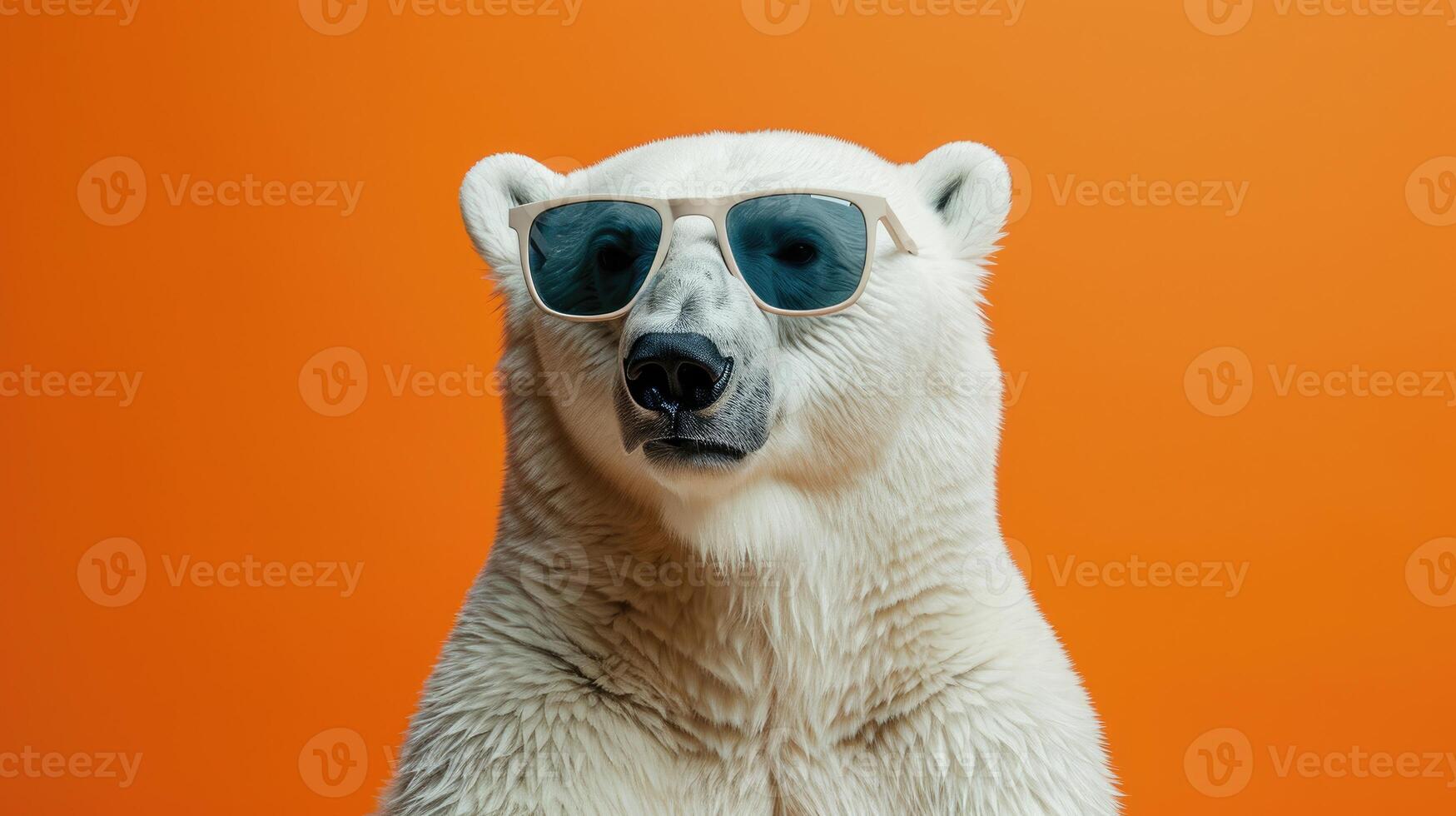 AI generated Polar bear exudes coolness in sunglasses against a vibrant orange backdrop, a frozen icon in chic style, Ai Generated. photo