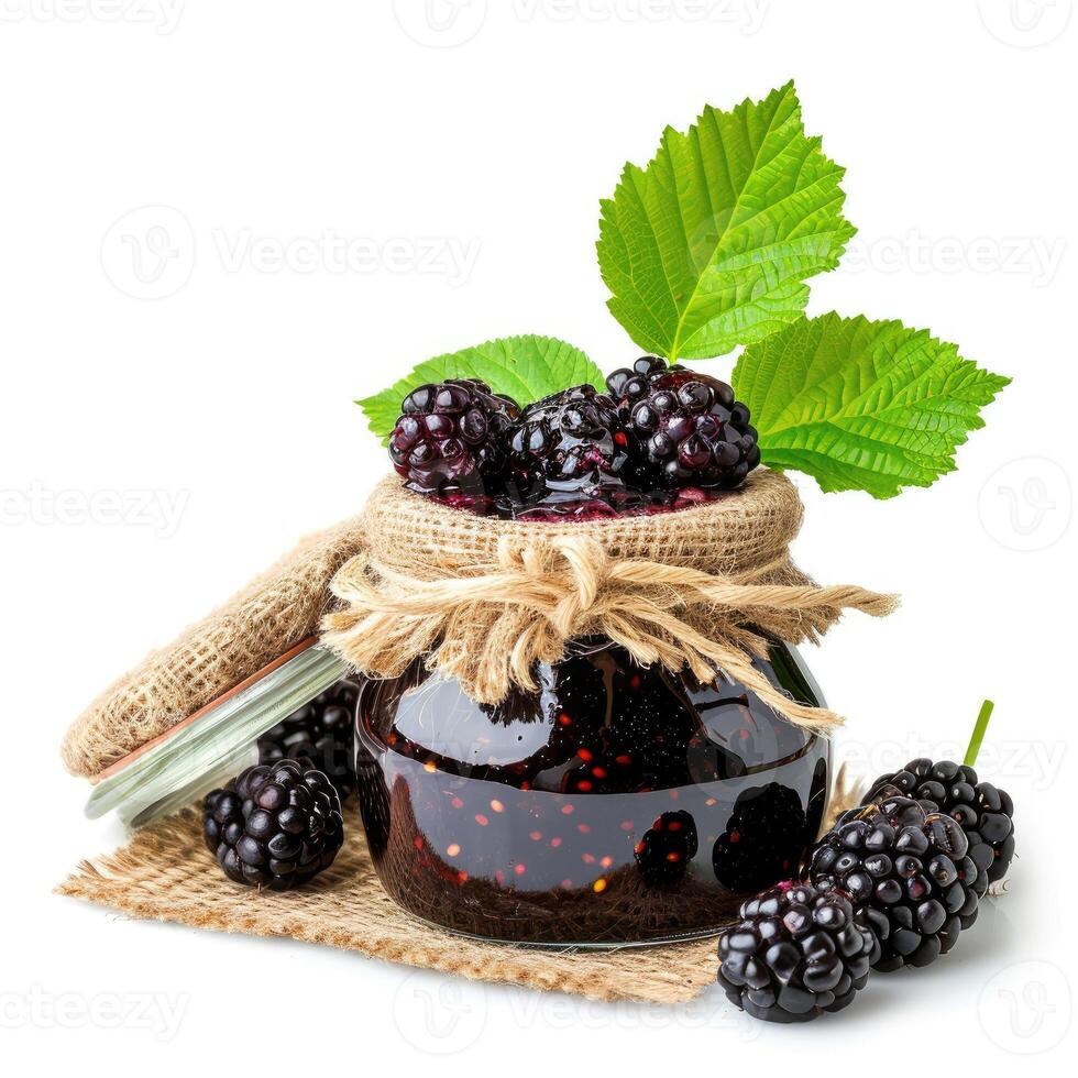 AI generated A jar of homemade mulberry jam with fresh mulberries, isolated on a white background. Ai Generated. photo