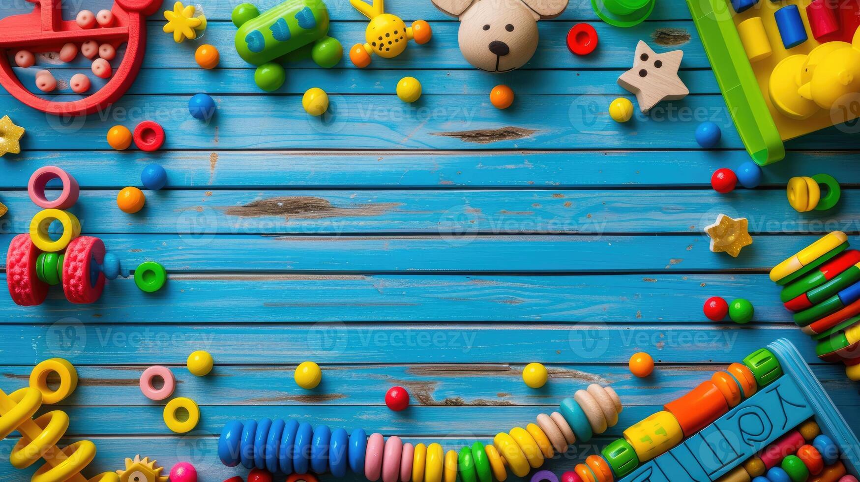 AI generated Adorable frame of baby and kids' toys set against a playful background, Ai Generated. photo
