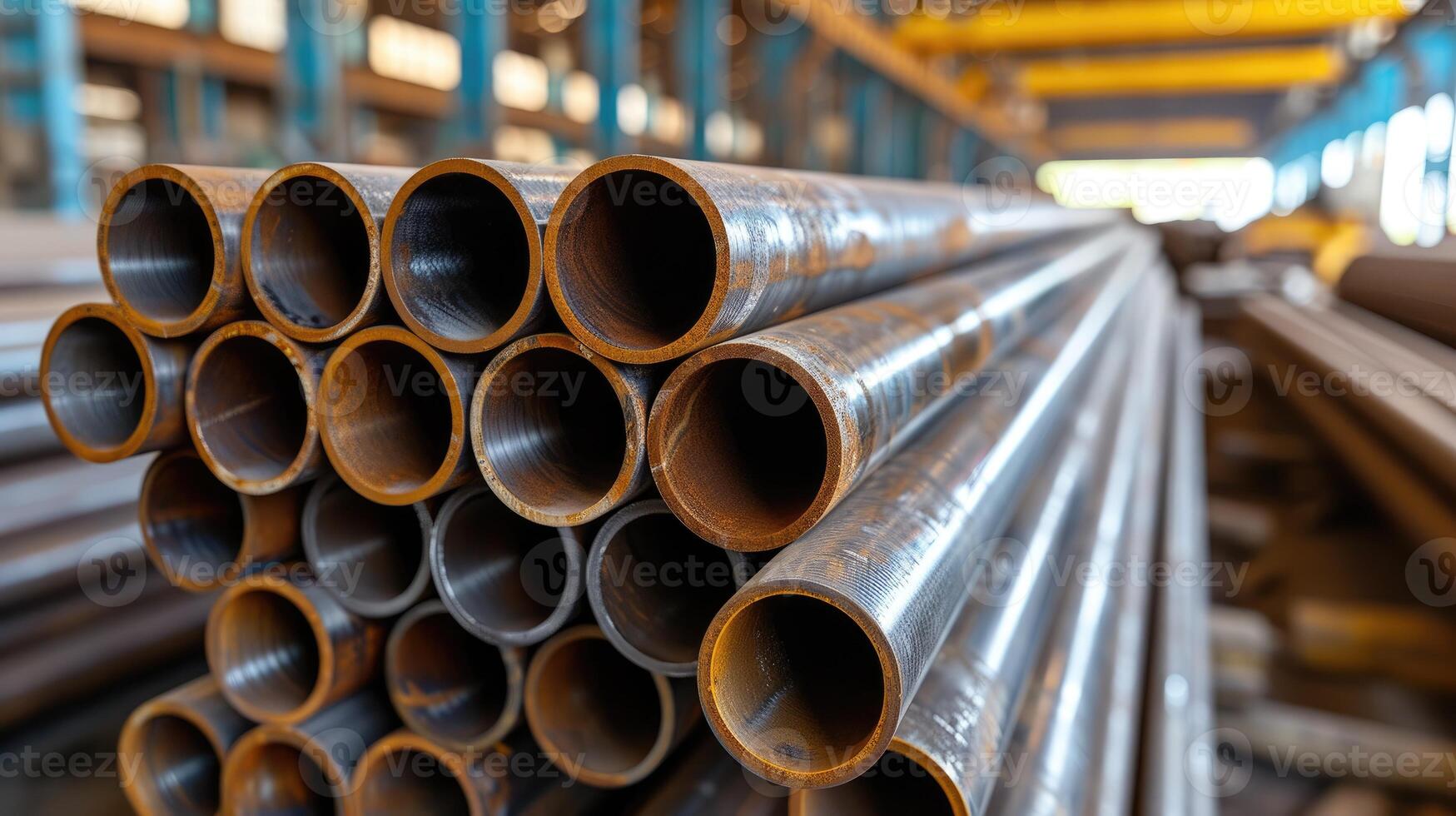 AI generated Galvanized steel pipes stacked in orderly rows within a warehouse, showcasing strength. Ai Generated. photo