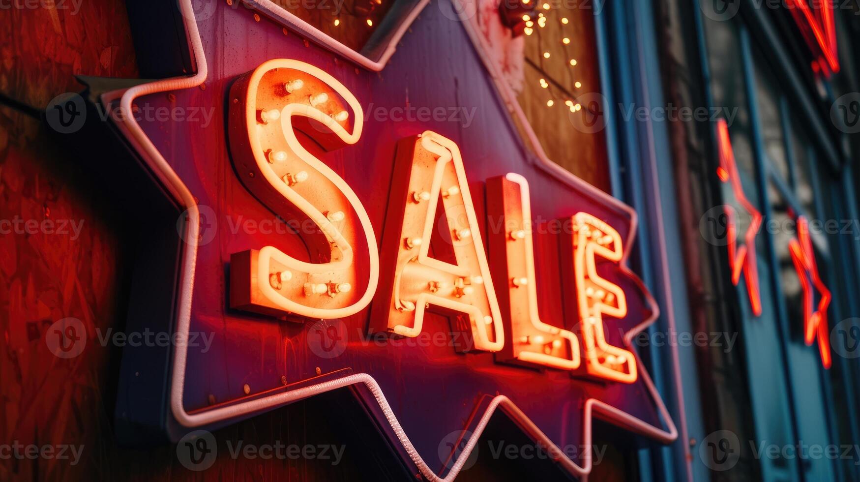 AI generated Sale sign adorned with a star and vibrant neon lights grabs attention, Ai Generated. photo