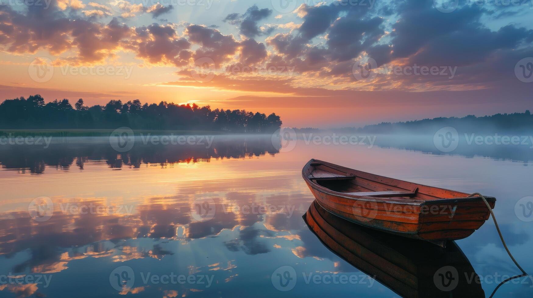 AI generated A lonely wooden boat floats on a lake, its reflection mirrored in the calm waters, Ai Generated. photo