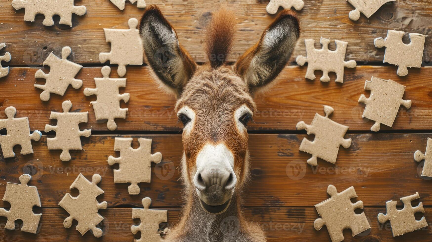 AI generated Cute donkey engrossed in a jigsaw puzzle, adding a whimsical touch, Ai Generated. photo