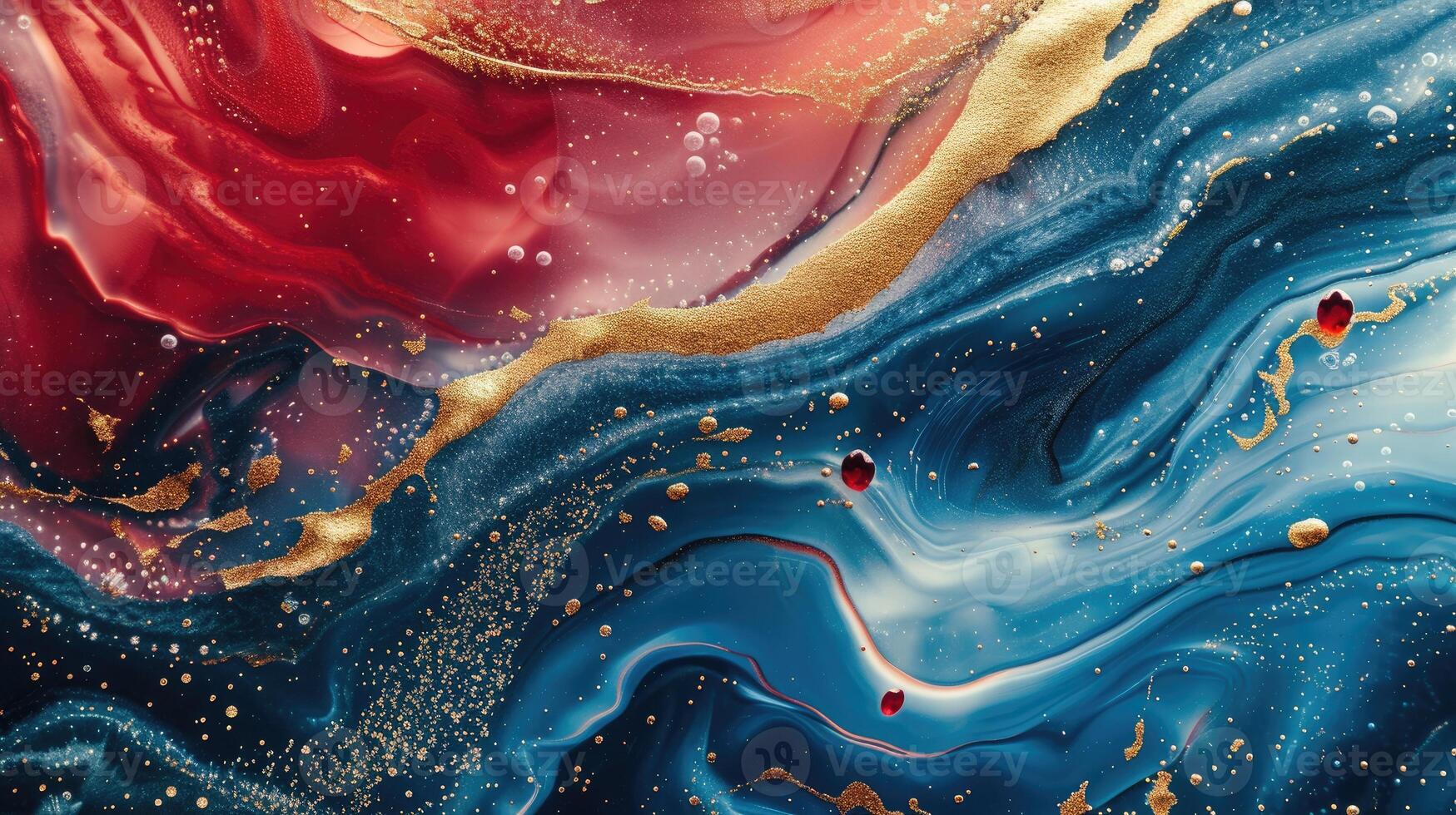 AI generated Mesmerizing waves of blue topaz, red ruby, and gold liquid create a luxurious wallpaper, Ai Generated. photo