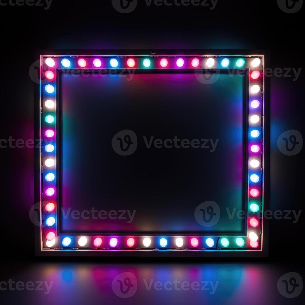 AI generated Vibrant frame of multicolored LED bulbs against a sleek black backdrop, illuminating creativity. Ai Generated. photo