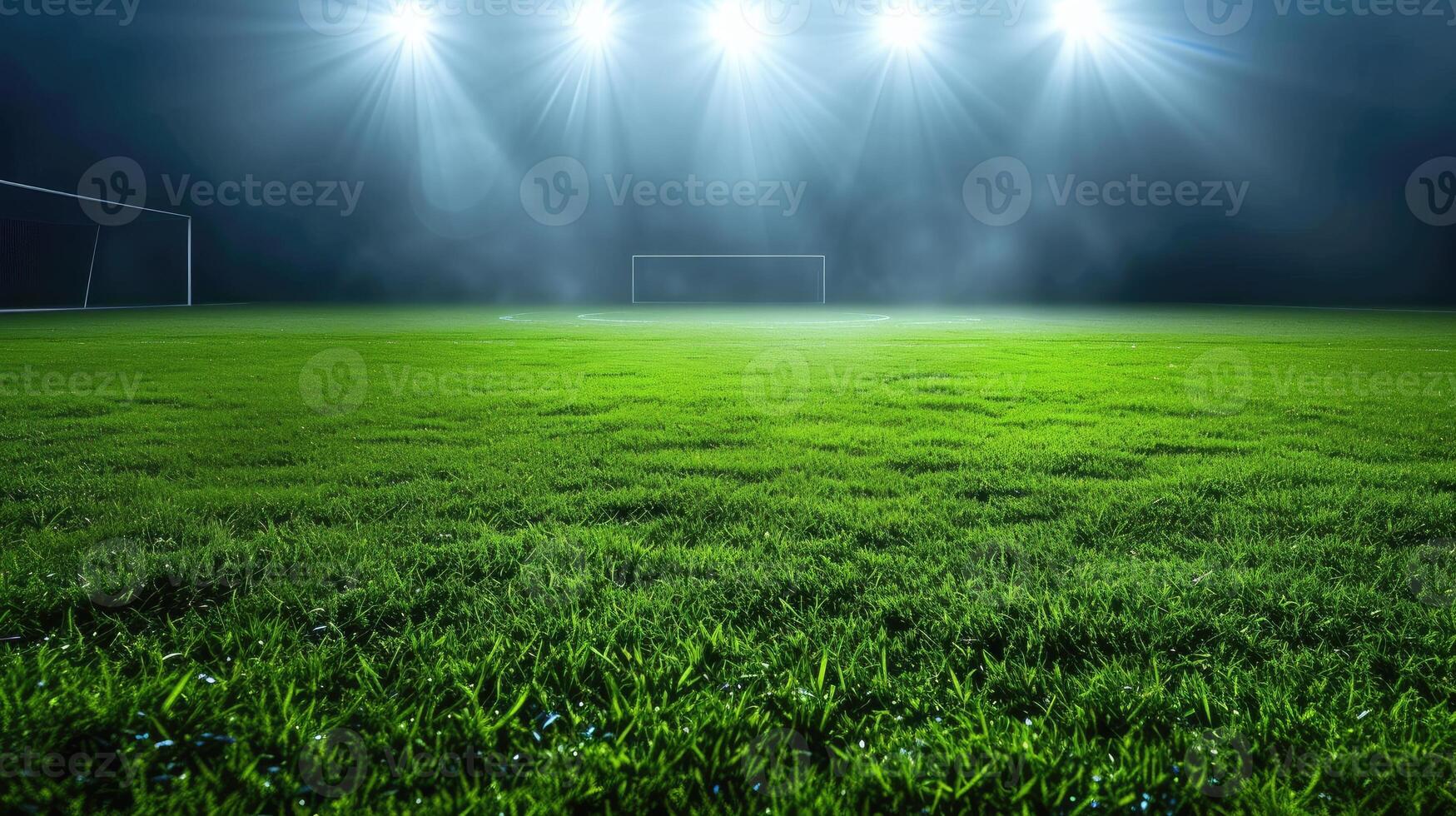 AI generated Green soccer field illuminated by bright spotlights, creating a vibrant and energetic atmosphere. Ai Generated. photo