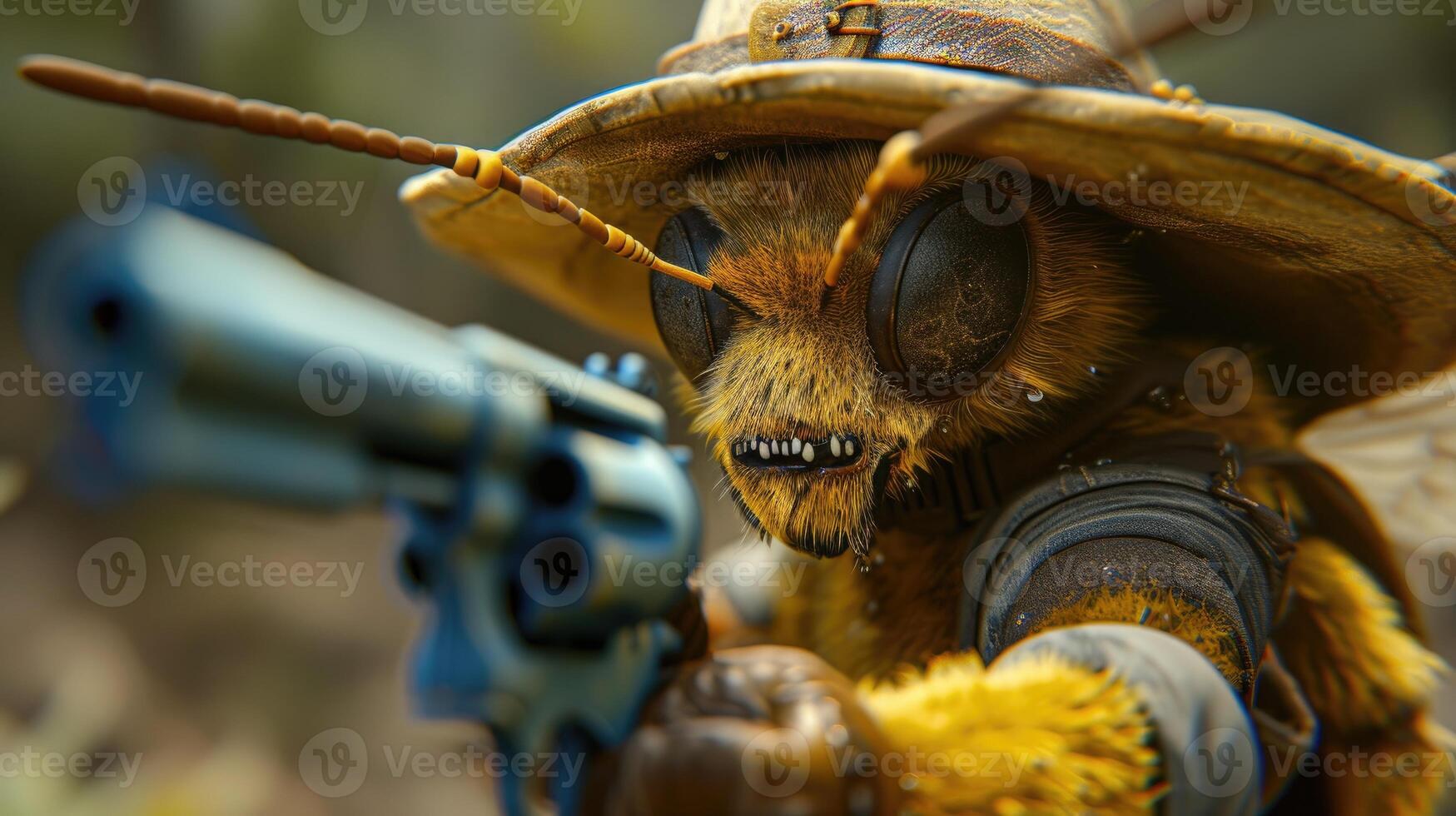AI generated A bee in a hat packs a tiny, unexpected firearm. Ai Generated. photo