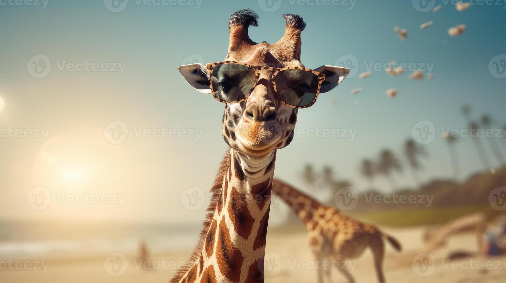AI generated Experience the intensity of an giraffe leaping onto the beach in a stunning close-up photo, Ai Generated. photo